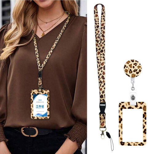Leopard Print Badge Holder with Retractable Reel Set 1