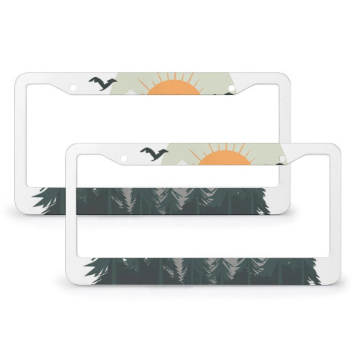 Aluminum License Plate Frame Trees Mountains Sun Art 2 pcs