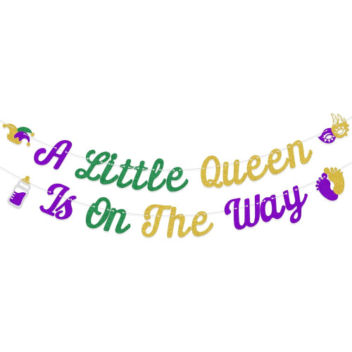 Babyshowerbanner Mardi Gras-tema lilla grøn guld