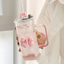 400ml Glass Water Cup with Handle, Lid, Glass Straw, and Detachable Bow Decoration, Drinking Glass for Home, Office, and Gift Clear