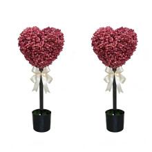 Pink Boxwood Heart Topiary with Bow 2 pcs