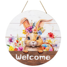 Easter Bunny Welcome Wreath – Wooden Door Hanger for Front Door, Porch & Outdoor Spring Decor, Compatible with Easter Eggs