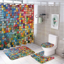 Colorful Boho Geometric Shower Curtain 4-Piece Set w/ Non-Slip Rug, Toilet Lid Cover & Bath Mat – Compatible with Standard Showers