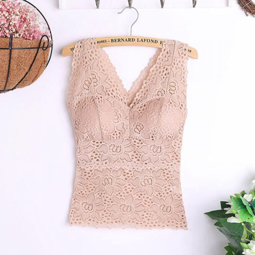 Colete feminino de renda floral com bojo, decote em V e sem mangas. 1