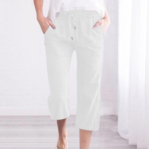 Women's Linen Blend Capris with Pockets White S 1