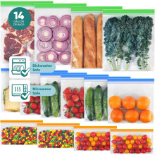 14-Pack Reusable Freezer Bags: Dishwasher & Microwave Safe, Leakproof, BPA-Free, 4 Gal + 6 Sandwich + 4 Snack (Compatible with Meal Prep)