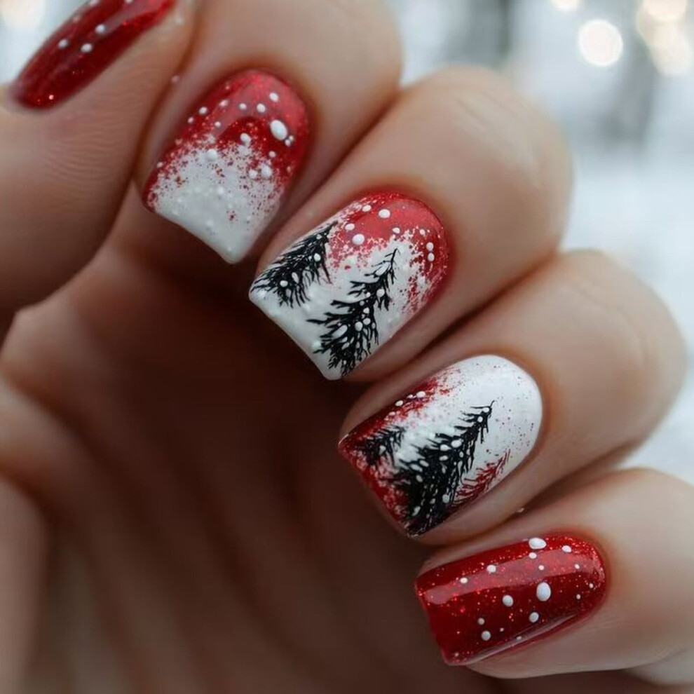 Christmas Press-on Nails Short Square Snowflake 24Pcs