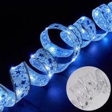 Christmas Ribbon Light Strings – Colorful Double-Layered Ribbons with Silver/Blue Lights, Gold Stamping, Indoor/Outdoor Use