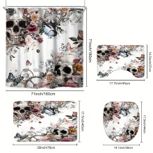 Gothic Skull Shower Curtain Set with Non-slip Mat, U-Shaped Toilet Mat, Cover Mat & 12 Hooks – Rose, Butterfly, Bone Art