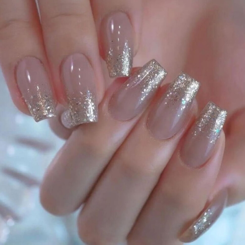 Press on Nails Glitters French Tips Glossy False Nails Ballet Styles Artificial Nails Acrylic Stick on Nails Manicure