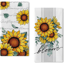 Sunflower & Eucalyptus Dish Towels Set of 2, 18x26", Spring/Summer/Fall Kitchen Towels, Compatible with Home Decor