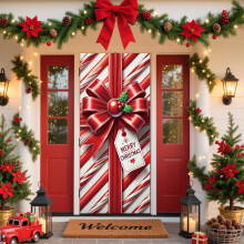 Christmas Door Cover - Merry Box With Bowknot Photography Backdrop, Peppermint Candy Hanging Covers for Indoor & Outdoor Party Decor