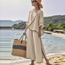 Women's Casual 2-Piece Set Striped Print 3/4 Sleeve Top & Wide Leg Pants Khaki XXL