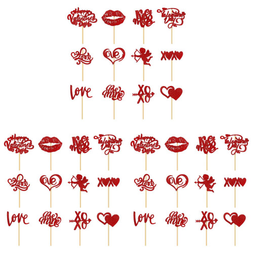 Red Glitter Heart Cupcake Toppers 36 pcs