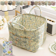 Boho Fabric Storage Basket, Boho Floral Laundry Baskets, Collapsible Bohemian Style Puffer Quilted Tote, Large Capacity Spring Vintage Storage Bag