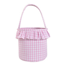 Plaid Easter Hand Basket with Lacy, Stylish Linen-Look Fresh Style Simple Candy/Egg Basket, 8.66x9.84 inch
