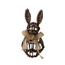 7.8" Rattan Woven Easter Bunny Topiary with Beige Bow – Outdoor Farmhouse Rabbit Statue for Porch, Garden & Spring Decor