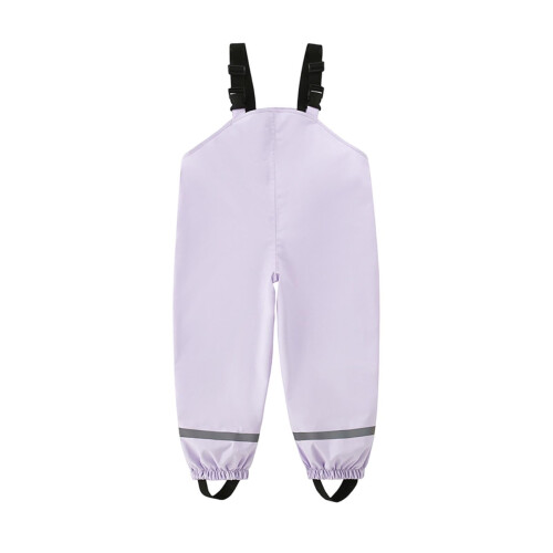 Calça de chuva infantil impermeável com suspensórios, roxa, tamanho 2-3 anos.