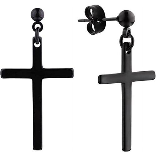 Stainless Steel Cross Dangle Stud Earrings Pair Black