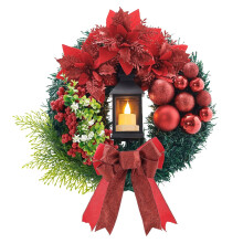 15" Grapevine & Evergreen Christmas Wreath with Nativity Figurine, Red Ornaments – Indoor/Outdoor Front Door Decor