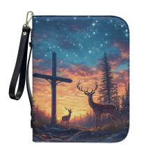 Elk Forest Cross Galaxy PU Leather Bible Cover for Women & Men – Lightweight, Protective, with Detachable Wristlet Strap