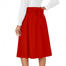 Women's Retro High Waist Pleated Back Tie Flared A-line Midi Skirt Red S