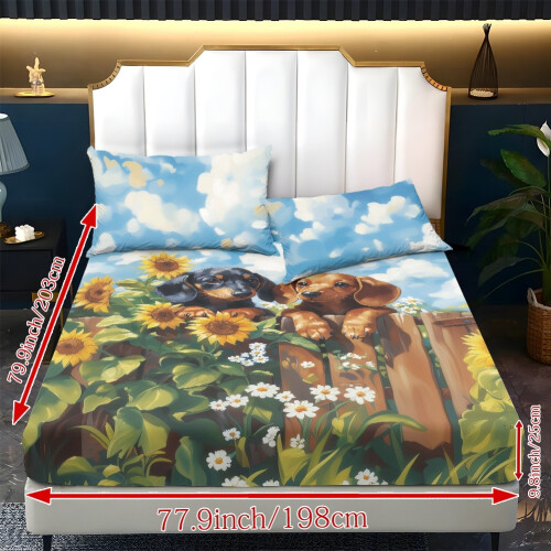 Ensemble de draps pour lit simple, motif floral teckel, 3 pièces 1