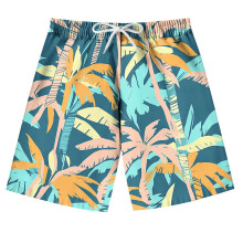 Șort de baie pentru copii cu imprimeu hawaian palmier, talie elastică, 7-14