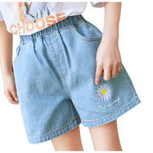 Girls' denim shorts with elastic waist and flower
