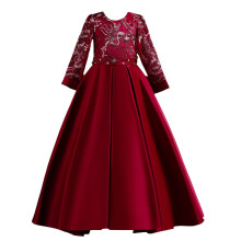 Girls' deep red princess gown long sleeves embroidery