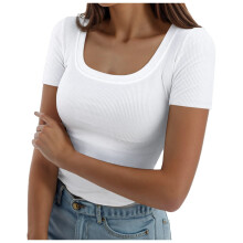 Camiseta feminina branca de manga curta, malha canelada, modelagem slim, tamanho G