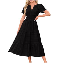 Vestido midi casual feminino com decote em V, cintura franzida e corte em A, preto.