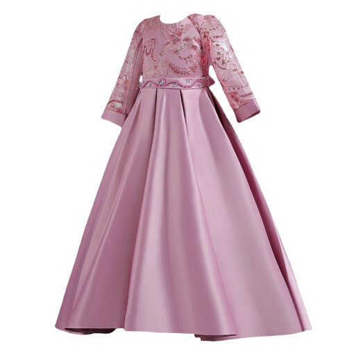Abito da principessa rosa per bambina con maniche lunghe e ricami floreali.