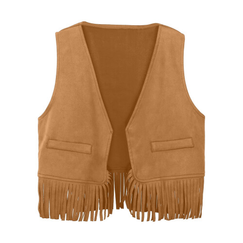 Colete infantil estilo cowboy ocidental com franjas e borlas, cor cáqui.