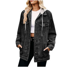 Women's Denim Jacket with Detachable Hoodie and Pockets