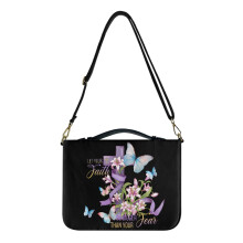 Funda para Biblia de piel sintética grande con estampado de mariposas, cruces y lirios.