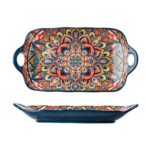 Bohemian Ceramic Rectangular Serving Platter - 12.6inch Large Capacity Dinner Plate with Double Handles 1