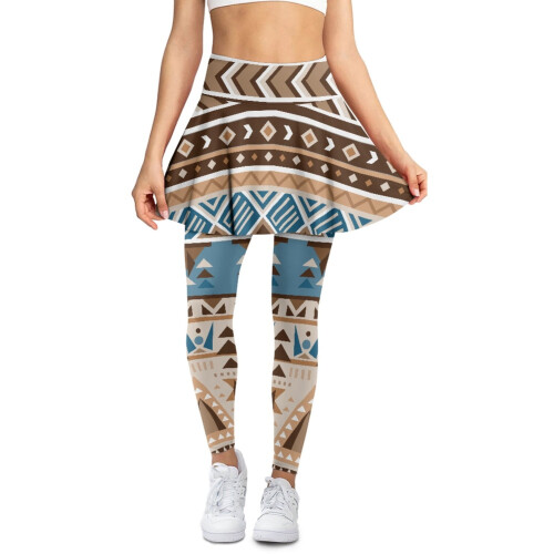 Women's Tribal Blue-Brown Skorted Leggings Polyester