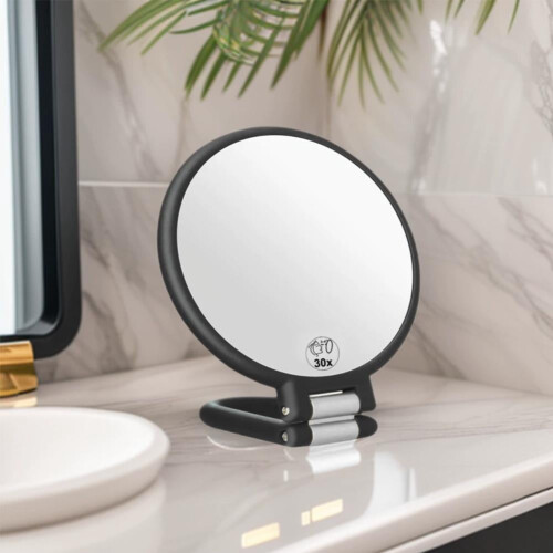 Double-Sided Travel Magnifying Mirror, 20X, Adjustable Handle/Stand, Foldable Handheld Makeup Mirror (Black) 2