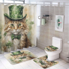 Ensemble rideau de douche motif chat trèfle 4 pièces
