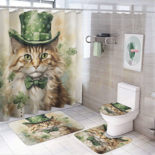 Ensemble rideau de douche motif chat trèfle 4 pièces