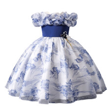 Vestido de princesa azul royal para meninas com estampa floral e