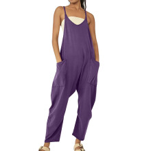 Women's Purple Denim Jumpsuit V-Neck Sleeveless Skinny Fit