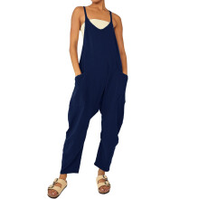 Women's Dark Blue Denim Jumpsuit V-Neck Sleeveless with