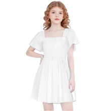 Girls Summer Dress with Smocked Waist, Square Neck, A-Line,