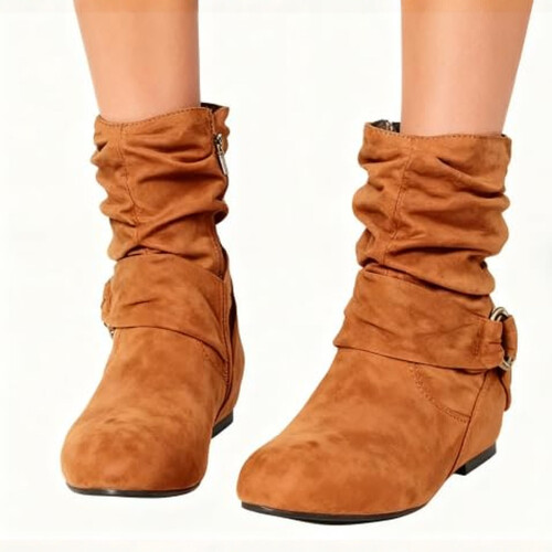 Women's Calf Leather Boots Brown Side Zipper 1 Pair