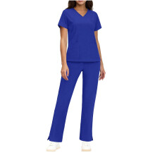 Women's Scrubs Set Blue V-Neck Short-Sleeve Pocket M
