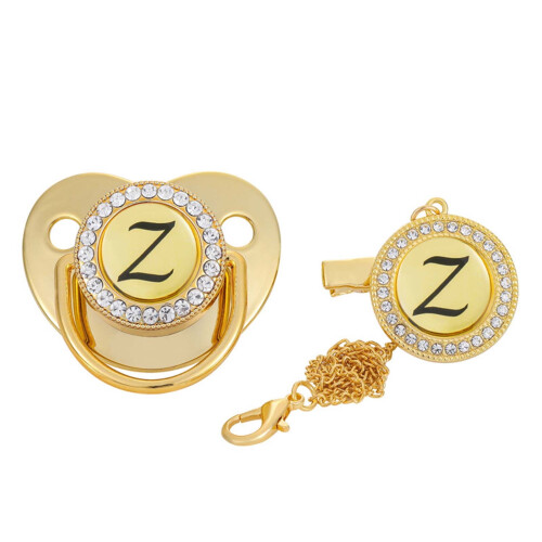 Baby Pacifier with Gold Rhinestone Clip and Personalized