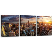 Ensemble de toiles murales représentant la skyline de New York, paysage urbain moderne au coucher du soleil
