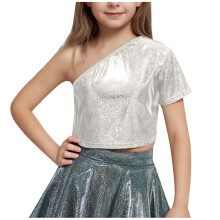 Girls One-Shoulder Short-Sleeve Sequin Crop Top
